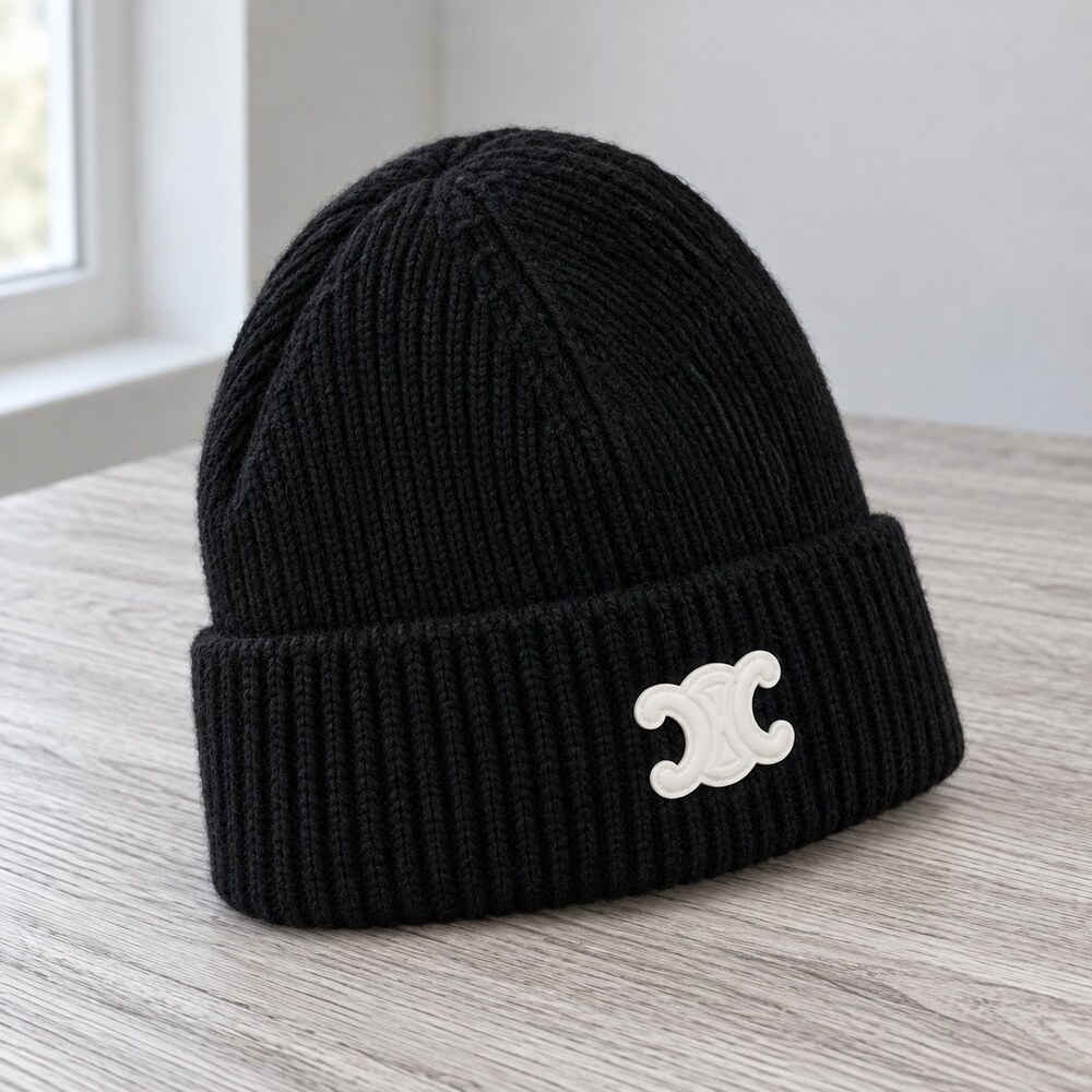 CELINE Triomphe Black Ribbed Knit Beanie - Picture 4 of 6